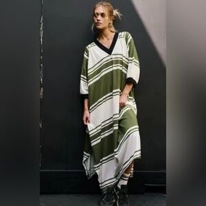 FP Movement by Free People Olive & White Striped V-Neck Maxi Caftan